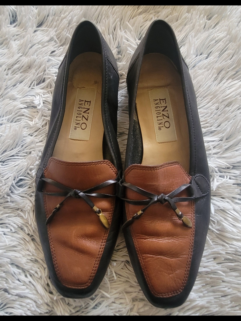 Enzo Angiolini Brown and Black Two-Tone Leather Slip-On Loafers